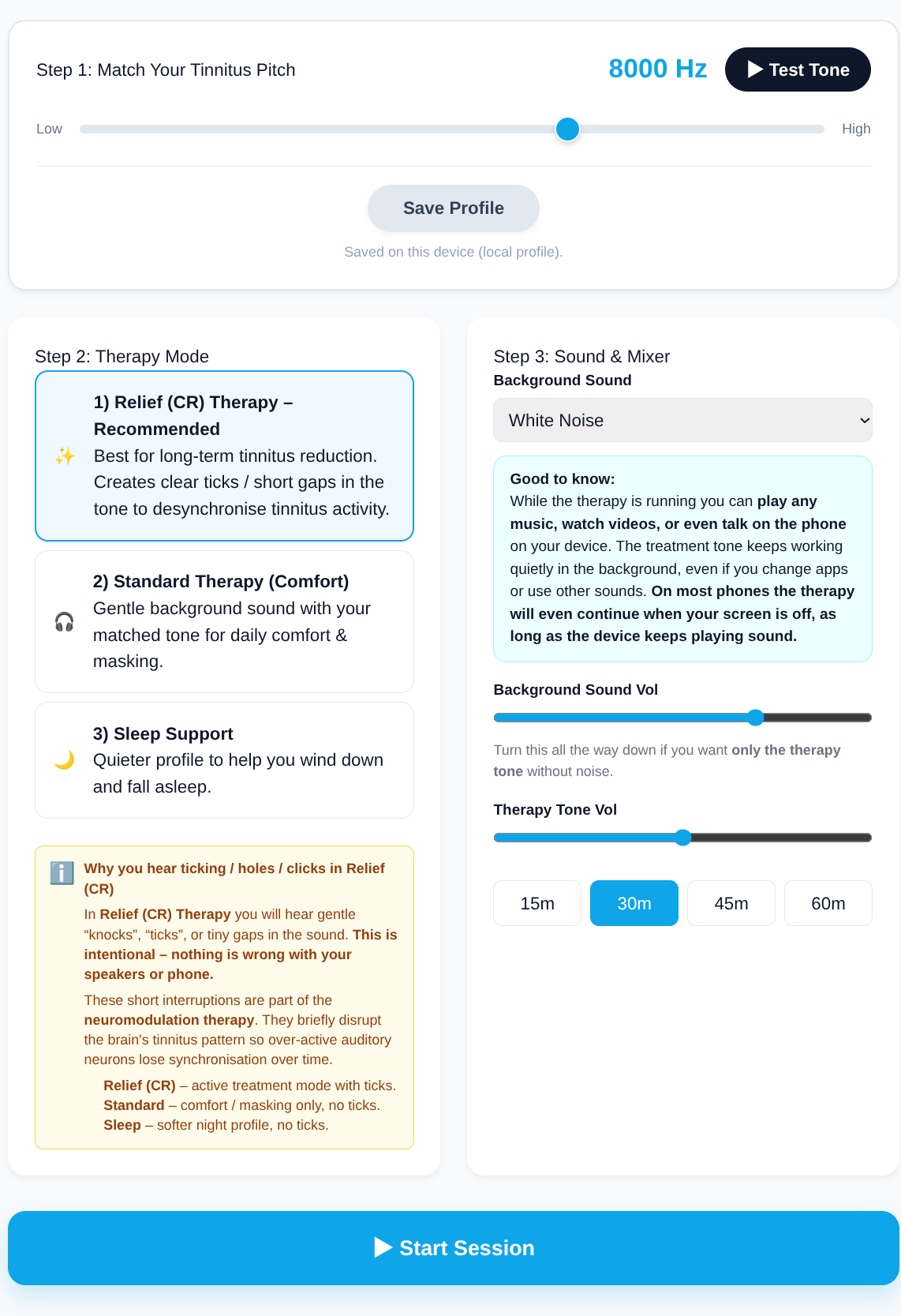 CalmTinnitus therapy interface