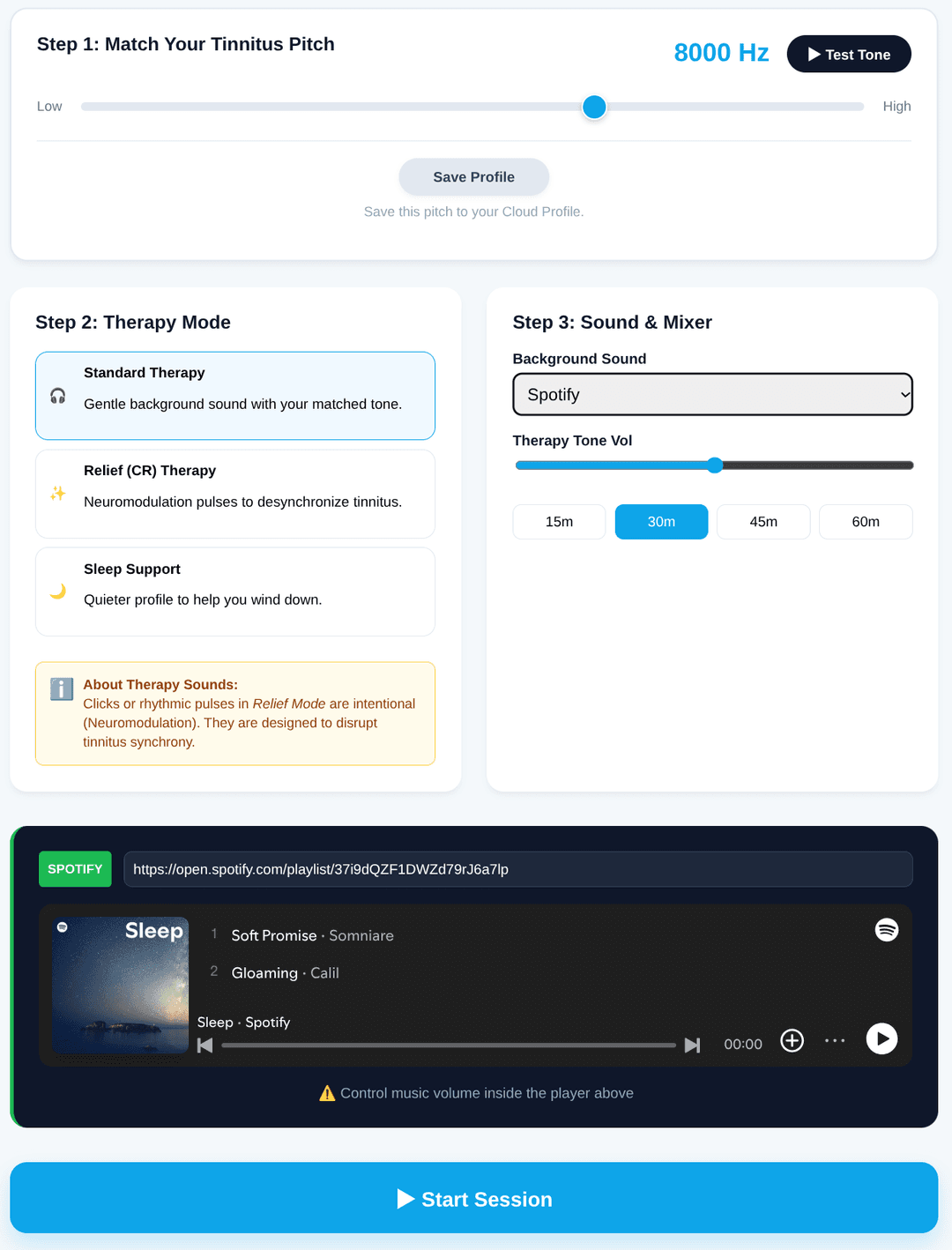 CalmTinnitus therapy interface